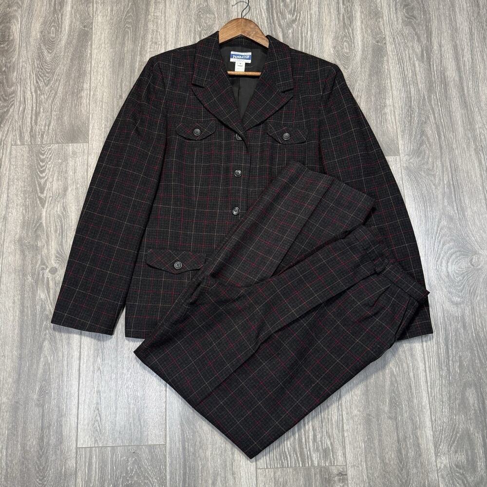 Vtg 2 Piece PENDLETON Women's Gray Red Plaid Wool Blazer Pants Suit Set Size 16